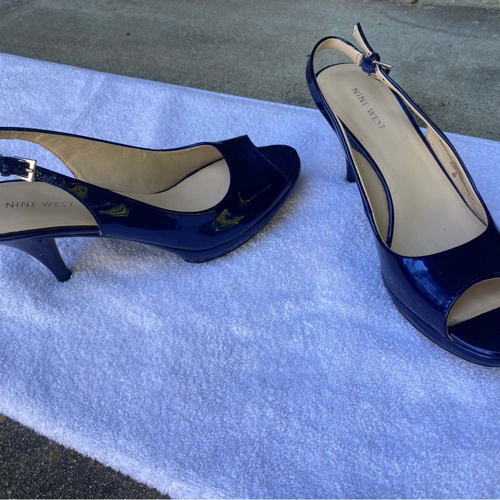 Nine West Navy Patent Peep-Toe Slingback Heels